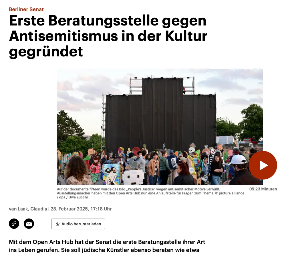 Screenshot des Artikels: Erste Beratungsstelle gegen Antisemitismus in der Kultur gegründet