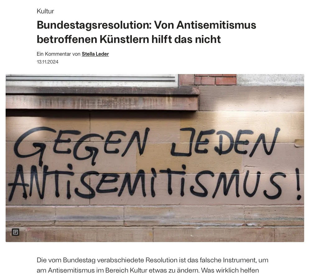 Screenshot des Artikels: Bundestagsresolution: Von Antisemitismus betroffenen Künstlern hilft das nicht