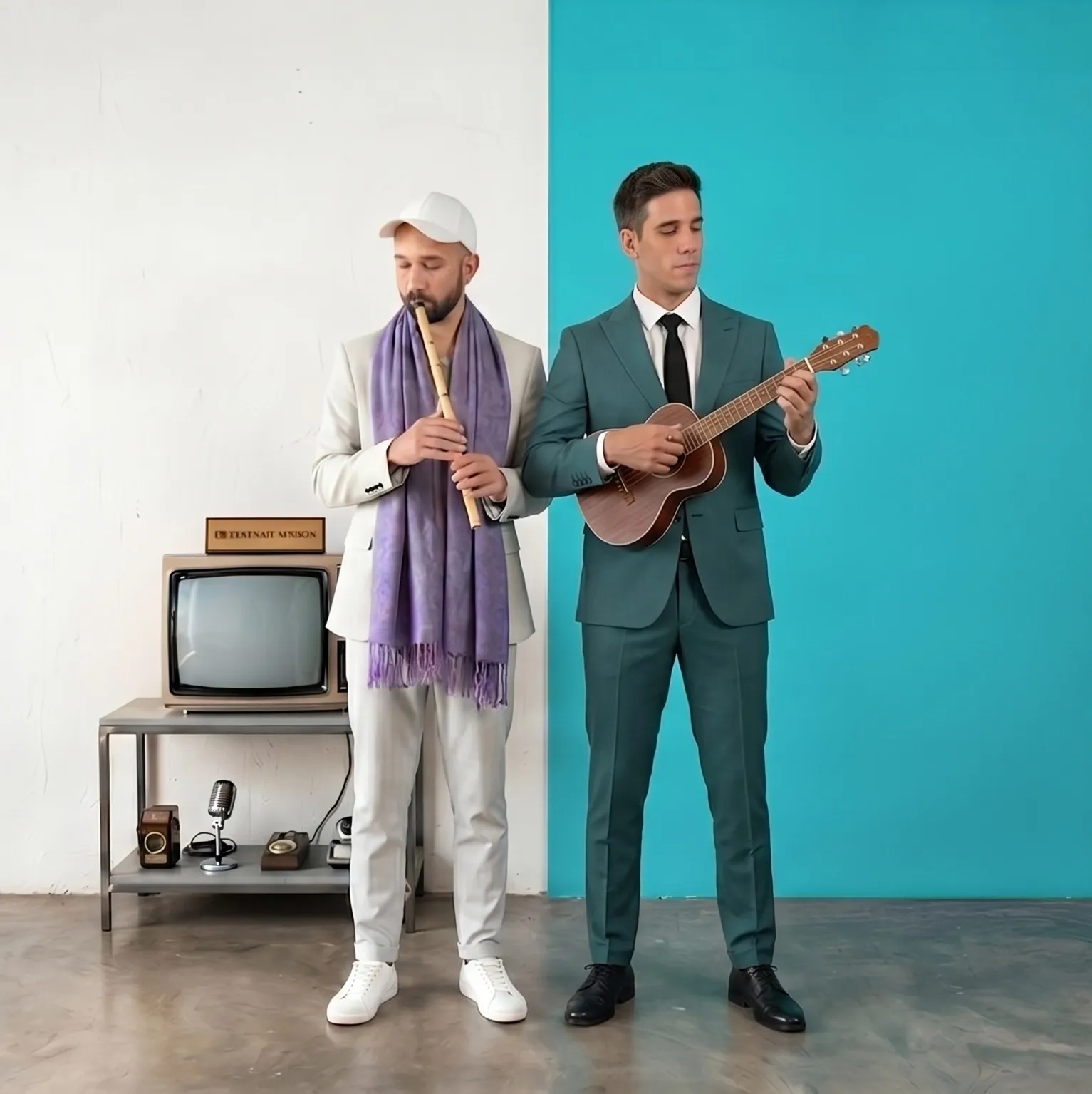 Die Musiker Tayfun Guttstadt und Shlomi Moto Wagner mit ihren Instrumenten vor einem Regal mit Bildschirm und Mikrofon und weiterer Technik.
