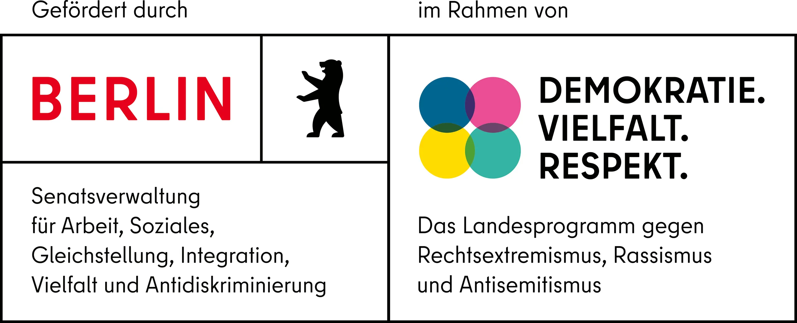 Gefördert durch die Senatsverwaltung für Arbeit, Soziales, Gleichstellung, Integration, Vielfalt und Antidiskriminierung des Landes Berlin im Rahmen des Landesprogramms gegen Rechtsextremismus, Rassismus und Antisemitismus