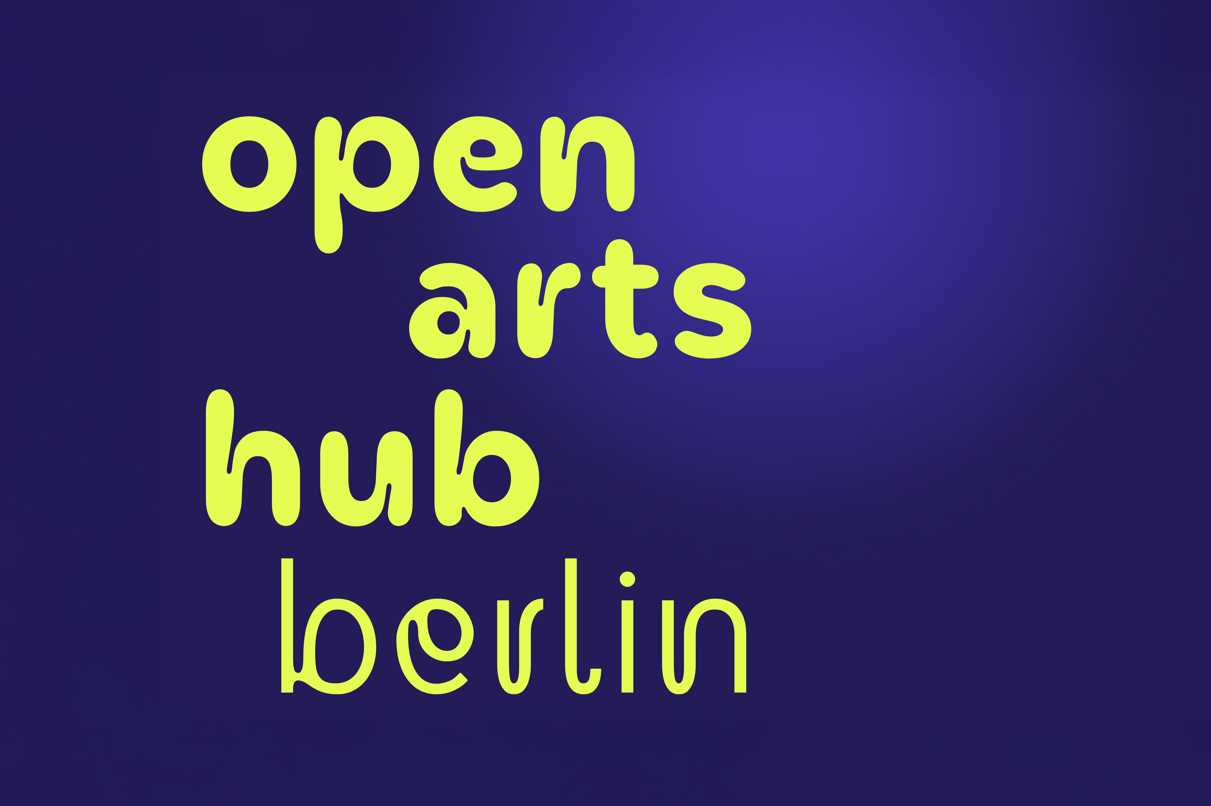 Eine Grafik, die das Logo des Open Arts Hub Berlin präsentiert. Sie zeigt gelben Text auf blauem Hintergrund.