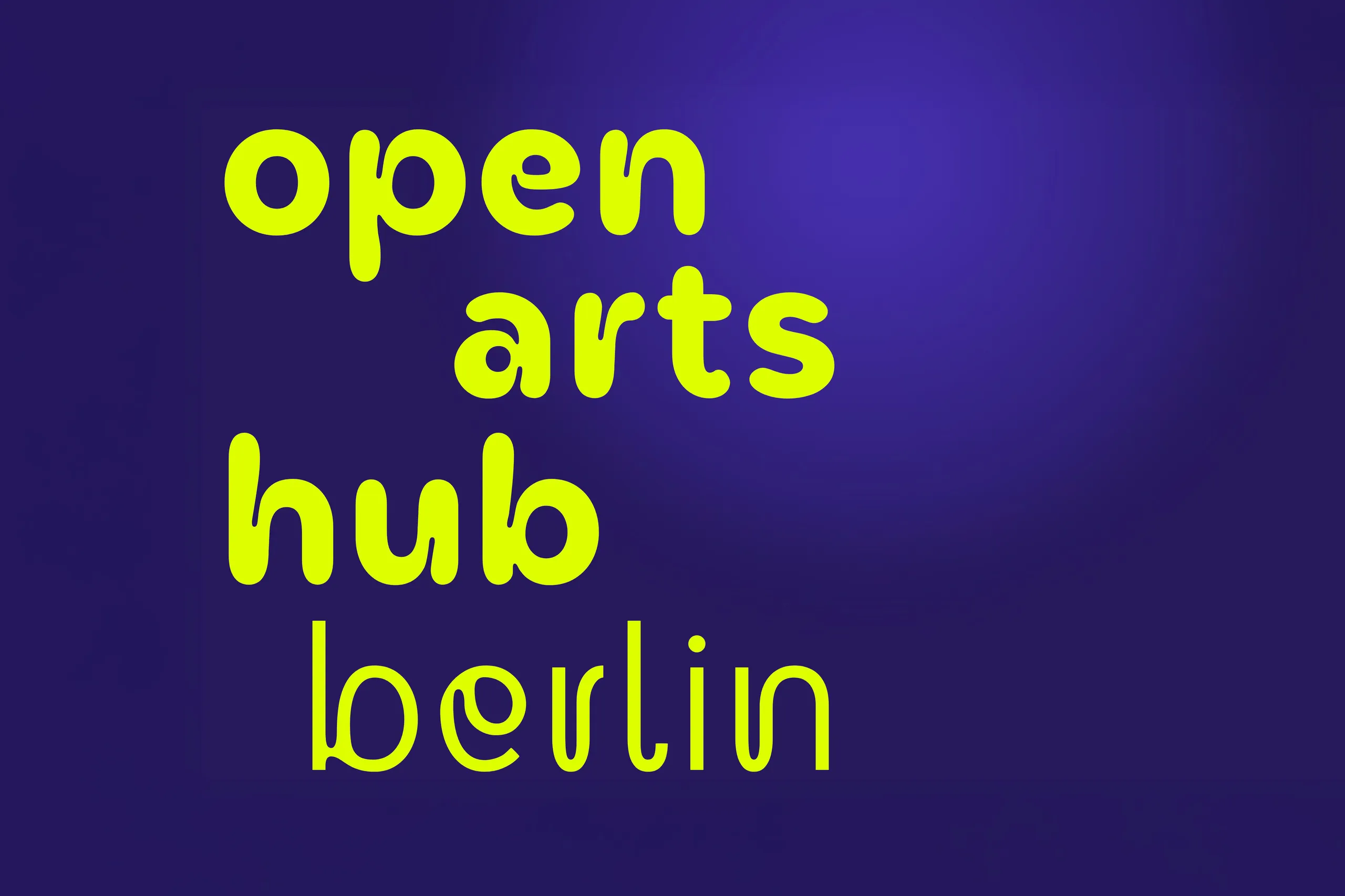 Eine Grafik, die das Logo des Open Arts Hub Berlin präsentiert. Sie zeigt gelben Text auf blauem Hintergrund.