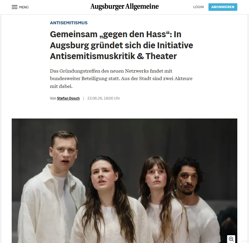 Screenshot des Beitags "Gemeinsam „gegen den Hass“: In Augsburg gründet sich die Initiative Antisemitismuskritik & Theater"