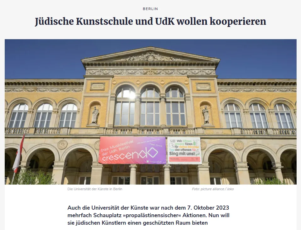 Screenshot des Beitrags "Jüdische Kunstschule und UDK wollen kooperieren"