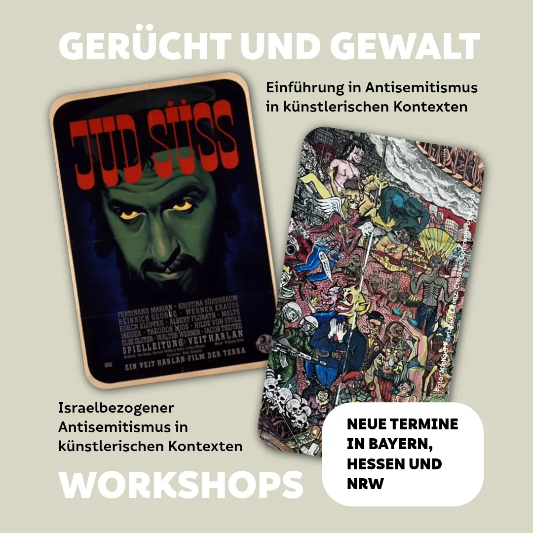 Grafik mit Text und Bildern Gerücht und Gewalt – Antisemitismus in künstlerischen Kontexten Workshops